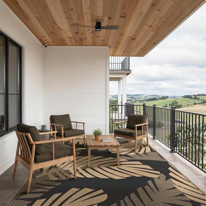 GENIMO Waterproof Outdoor Rug 6' x 9' for Patio Decor, Reversible Plastic Straw Area Rugs for Camping Clearance, RV Mat, Large Outside Carpet for Porch, Deck, Picni, Balcony, Garden, Black & Brown