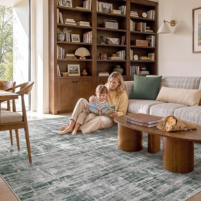 UERMEI 5x7 Area Rug for Living Room Washable Abstract Grey/Green Carpet | Low Pile Non-Slip Soft Neutral Modern Kid Pet Friendly Large Rugs For Bedroom Dining Room Nursery Office Indoor Decor