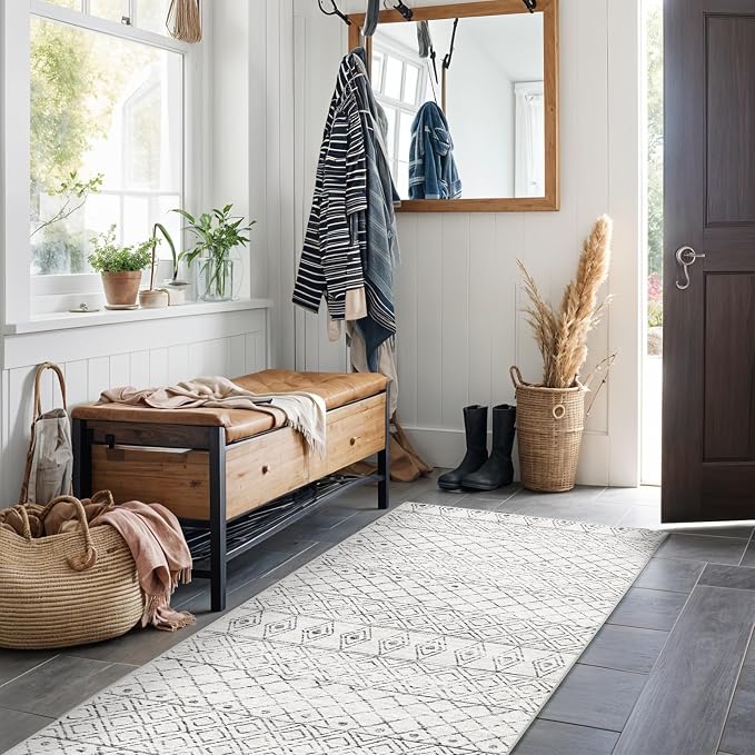 2'x6' Hallway Runner Rug:Moroccan Modern Geometric Grey Rug | Washable, Non-slip Backing, Soft Thin Low Pile Texture,Ideal for Front Door Entry, Bedroom, Living Room,Home Decor