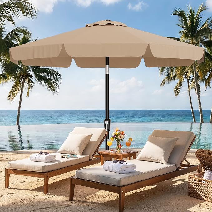 AreShark 9FT Valance Patio Umbrella, Outdoor Table Umbrella with Tilt and Crank, Outdoor Market Umbrellas W/ 8 Sturdy Ribs UV Protection for Garden, Deck, Backyard and Pool, Beige