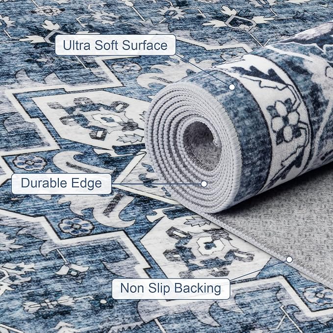 Round Area Rug for Living Room: 4ft Washable Rug for Bedroom Blue | Vintage Boho Soft Round Rug Indoor Floor No Slip Carpet Stain Resistant Rugs for Bedroom Dining Room Nursery Home Office
