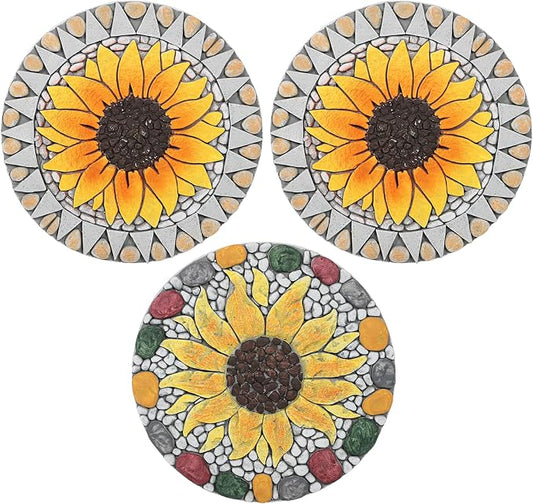 PINPON 3 Pack Gerbera Stepping Stones – 10 Inch Cement Garden Pavers with Colorful Pebble Border, Hand-Painted Outdoor Walkway Stones, Weather-Resistant Decorative Path Stones for Patio & Yard