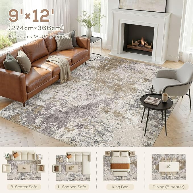 Nakagishi 9X12 Abstract Washable Area Rugs for Living Room-Brown Grey | Modern Non-Slip Silicone Backing Low Pile Soft Carpet for Bedroom Dining Decor for Families with Kids and Pets