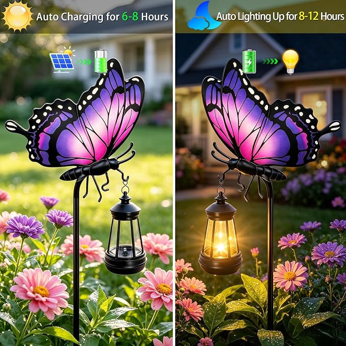 Butterfly Solar Garden Lights Outdoor Waterproof, Gifts for Women Mom Grandma Daughter, Stake Lights with Solar Lantern, Hanging Solar Lights, Solar Path Lights Yard Art Outside Patio Garden Decor
