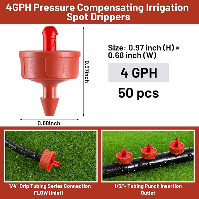 50 PCS 4 GPH Pressure Compensating Drip Irrigation Spot Dripper, Max Flow Drip Irrigation Emitters Heads for Dry Soil Thirsty Plants, Irrigation Drippers Parts for Arid Area Outdoor Irrigation