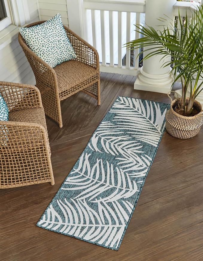 Unique Loom Outdoor Botanical Collection Area Rug - Palm (2' x 6' 1" Runner, Teal/ Ivory)