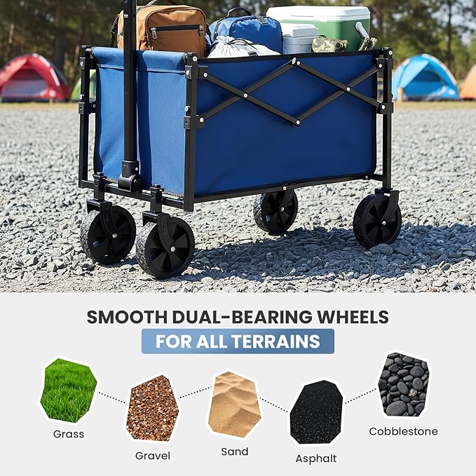 DUMOS Collapsible Wagon with Wheels, 220 lbs Wagons Carts Foldable Wagon Cart with Flexible Handle, Lightweight Portable Folding Utility Shopping Cart for Grocery Sports Garden Camping - Blue