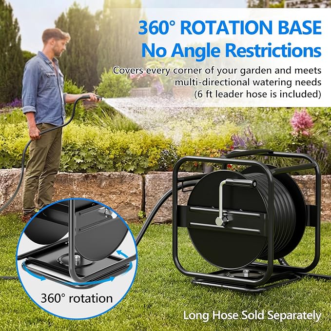 SPECILITE Metal Heavy Duty Garden Hose Reel, 360° Rotation Frame, 65-90 Ft of Hose Storage Capacity, Stable and Portable Wall/Floor Mount Water Pipe Spool, Black
