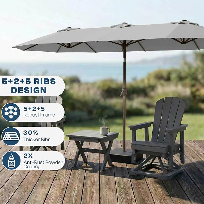 15FT Large Patio Umbrella with Base Included, Double Sided Outdoor Market Umbrella with Flexible Fiberglass Ribs, UV-Blocking Extra Large Umbrella for Garden, Pool, Deck, Light Gray