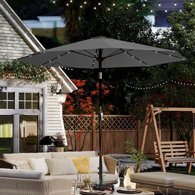 10FT Solar Umbrella 32 LED Lighted Patio Umbrella Table Market Umbrella w/Tilt and Crank, UV-Resistant Outdoor Umbrella for Pool, Garden, Deck, Gray