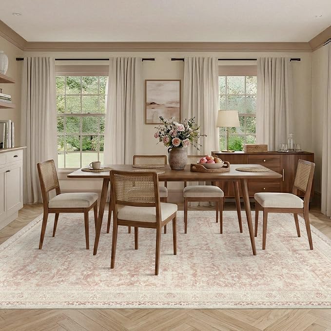Latte&Fog 8x10 Area Rugs for Living Room Washable Large Pink Rugs Cute | Non Slip Low Pile Soft Floral Carpet for Girls Bedroom Dining Kitchen Kids Playroom Nursery Classroom Dorm Farmhouse Office