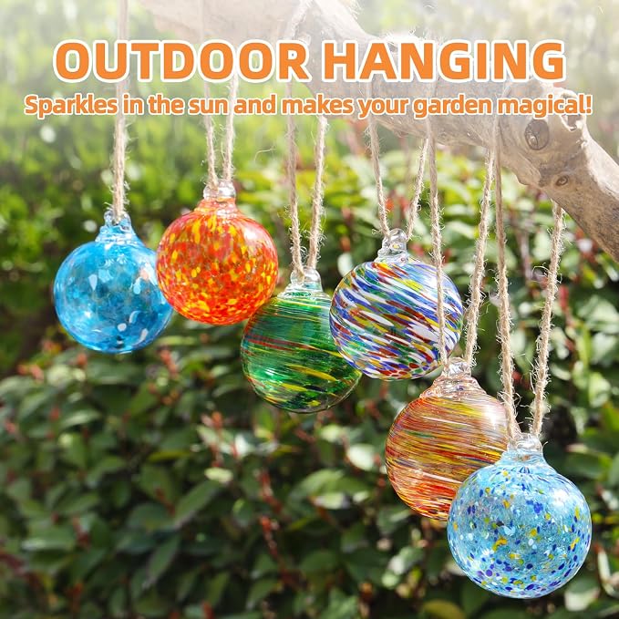 VOREEN 6-Pack Blown Glass Christmas Ornaments, 2.56" Handblown Hanging Glass Gazing Balls for Christmas Tree Decoration, Holiday Ornament Gift Set（Warm Amber & Holiday Tones）