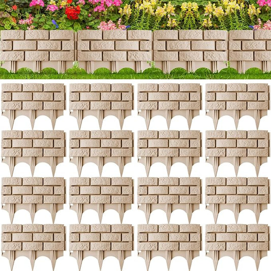 Landical 16 Pcs Imitation Stone Garden Fence, Faux Stone Retaining Wall Look Garden Bricks Border with Ground Stakes, 17.3 x 12.6 in Gray Plastic Edging Blocks for Flower Beds, Lawn, Mulch (Yellow)