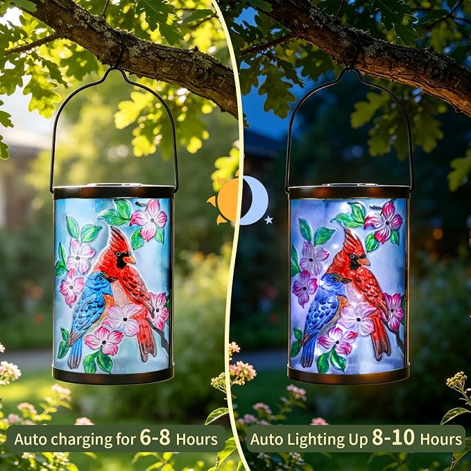 Hanging Solar Lantern Outdoor Bluebird Waterproof LED Cardinal Light Decorative Tabletop Lamp for Patio Garden Yard Decor