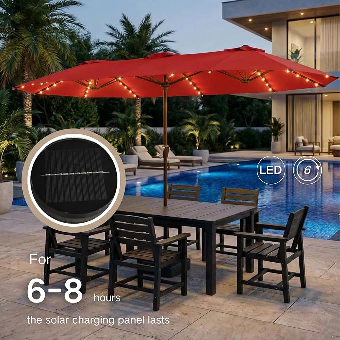 Kingdura 15ft Large Patio Umbrella with Solar Lights, Double-Sided Rectangle Lighted Outdoor Table Umbrella with Base Included, 12 Reinforced Ribs, 48 Led Lights, Crank Lift for Market Pool Deck Backyard, Red