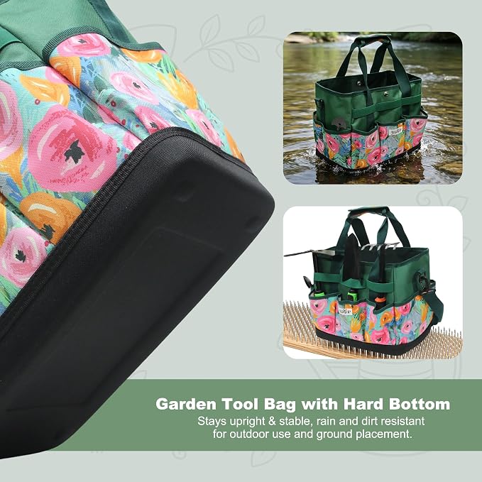 JLDTOP Garden Tool Bag with Hard Bottom, Multi-Pockets Gardening Tote with Shoulder Strap, for Women Outdoor Yard Plant Work Gift (Tools Not Included) (Green Floral)