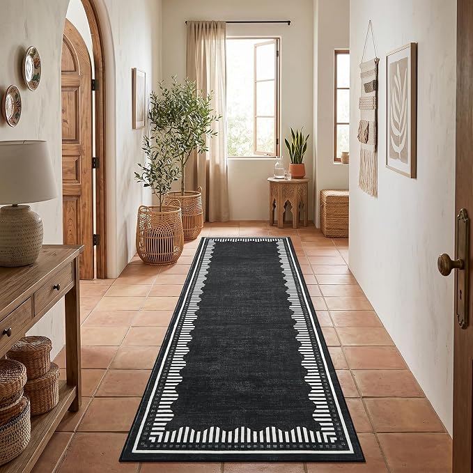 Garvee Washable Hallway Runner Rug 2x6 Non Slip Neutral Scalloped Runners | Black Low Pile Stain Resistant Kitchen Runner Mat Solid Color Modern Geometric Living Room Bedroom Nursery Entry Area Rugs