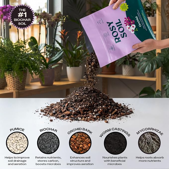 Rosy Soil Orchid Potting Mix, 4 Quarts | Peat-Free Orchid Soil for Repotting, Phalaenopsis, Cattleya, Dendrobium, Biochar & Mycorrhizae Blend for Indoor Gardening
