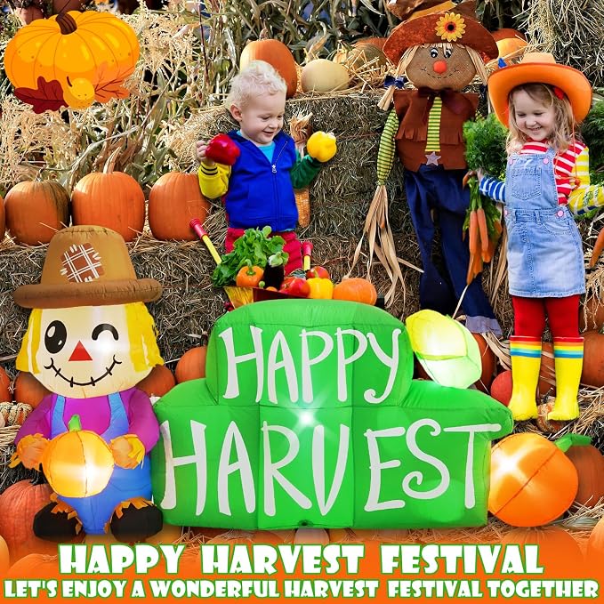 8FT Long Fall Inflatables Outdoor Decorations, Inflatable Scarecrow and Road Sign Pumpkin, Built-in LED Fall Autumn Harvest Thanksgiving Inflatables Blow Ups for Outside Yard Garden Lawn