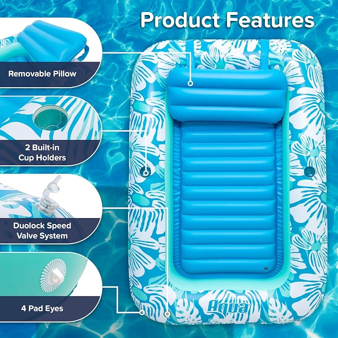 Aqua Inflatable Tanning Pool Lounger, Premium Pool Float with Cupholders and Removeable Pillow for Relaxation and Fun