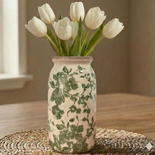 Vintage Green Floral Ceramic Vase, 8 Inch Crackle Glaze Rustic Handmade Vase, Decorative Pottery for Fresh or Dried Flowers, Farmhouse Cottage Modern Rustic Decor