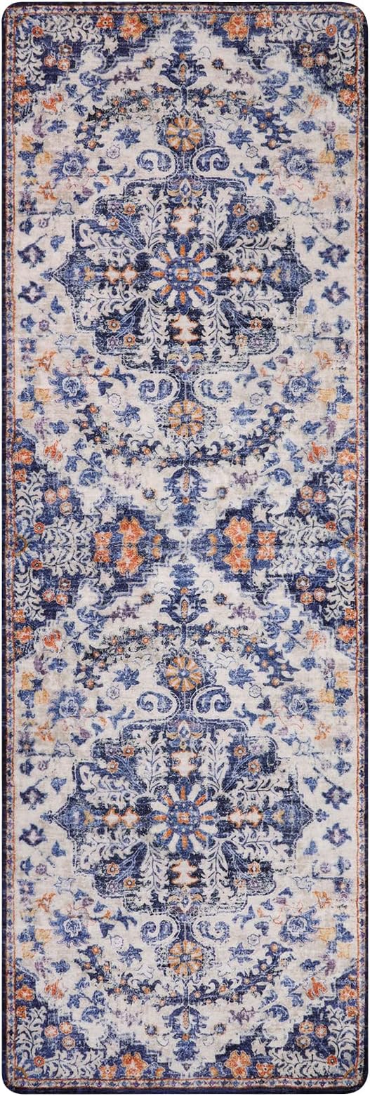 Lahome Reine 2x6 Blue Washable Hallway Runner Rug, Bohemian Floral Medallion Kitchen Carpet Runner, Soft Non Skid Floor Runners for Bathroom Bedroom Vanity Office Sunroom