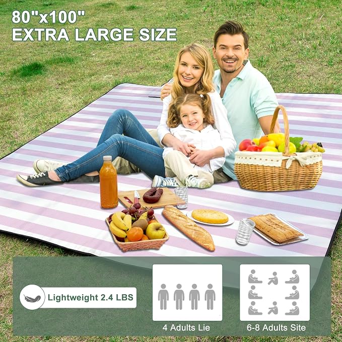 ZUBOND Picnic Blanket 80''x80'', Waterproof Sandproof Beach Outdoor Camping Mat Extra Large Foldable Gingham Big Travel Essential Accessories Gift Park Patio Lawn Garden Grass Ground Music Festival