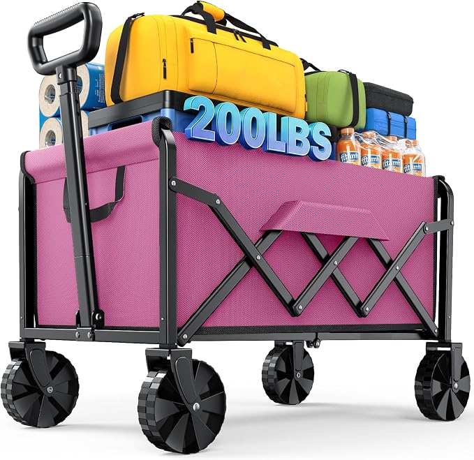 Kitsure Collapsible Wagon with Wheels, Foldable Dog Wagon Carts with 200lbs Load Capacity, Utility Shopping Cart, Pink, 28.0" x 17.0" x 36.0"