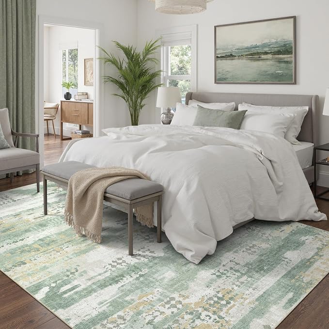 DCX Washable Abstract Area Rug 6x9, Non Slip Low Pile Rug, Sage Green | Easy to clean, non-shedding, soft, kid & pet friendly, with a non-slip rubber backing for living rooms, bedrooms, and offices