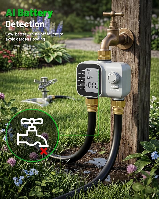 [2026 Upgrade] 2 Zone Sprinkler Timer with Brass Inlets & Outlets, Unistyle Programmable Water Timer for Garden Hose, IP55 Waterproof Hose Timers with Manual Irrigation Timers for Yard and Lawn Patio