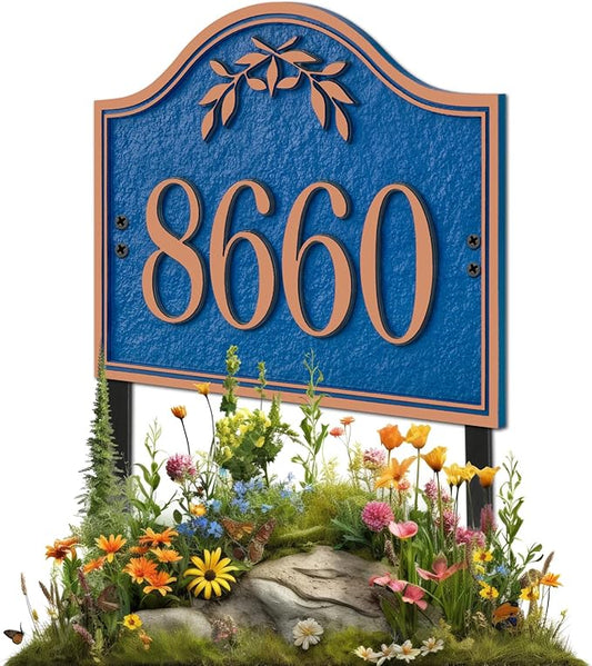 Yard Address Sign - Personalized Address Plaque,House Number Yard Sign,House Numbers for Outside,Lawn,Yard,Ground with 2 Stakes (Blue/Copper)