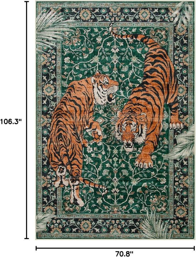 Moynesa Tiger 6x9 Area Rugs for Living Room, Boho Botanical Washable Dining Room Rug Non Slip Large Green Bedroom Rug, Ultra Thin Vintage Soft Indoor Floor Carpet for Home Office Entrance