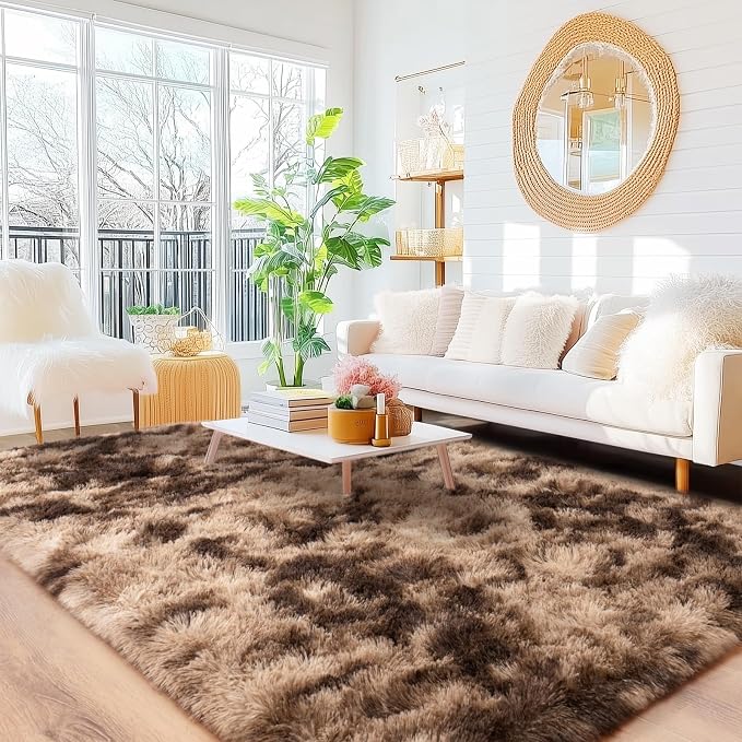 8x10 Area Rugs for Living Room, Large Ultra Fluffy Fuzzy Shag Rug for Bedroom, Modern Plush Soft High Pile Upgrade Non-Slip Carpet for Kids Girls and Boys Room Decor, Tie-Dyed Brown