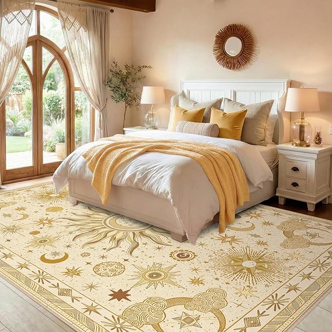 Vacuum-Friendly, 8x10 Washable Area Rug, Beige Camel Brown | Sun and Moon Boho Gothic Non-Slip Low Pile Living Roon Bedroom Dining Room Kitchen Entry Entryway Entrance Hallway Doormat