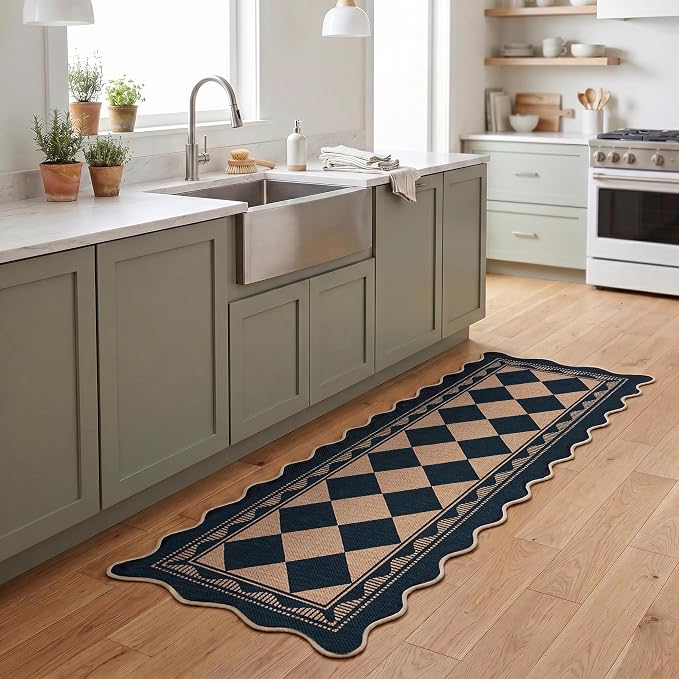 Garvee Easy Jute 2x6 Scalloped Kitchen Rugs Washable Rugs，Black/Coffee | Indoor Outdoor Washable Rugs for Living Room Low Pile Floor Cover for Entryway Stain Resistant Indoor Carpet for Hallway