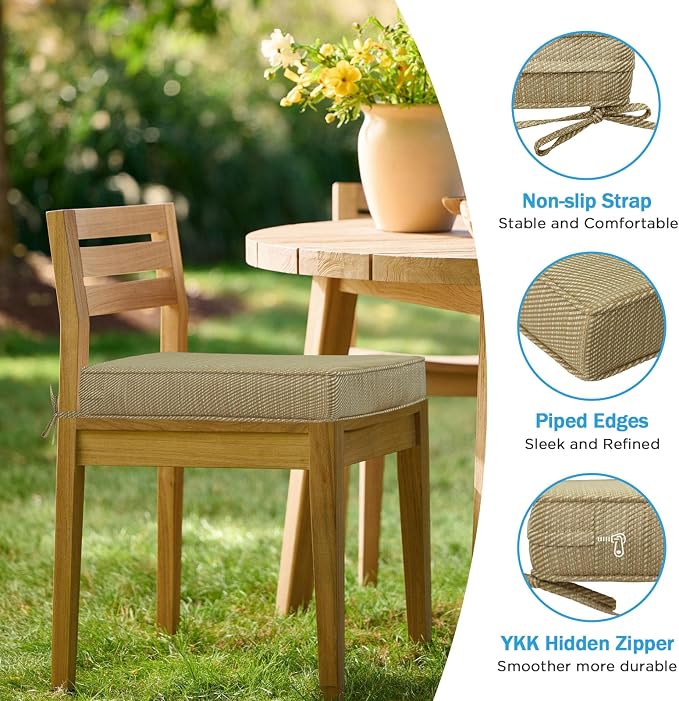 19 x 19 Inch Outdoor Chair Cushions with Tie Straps, Set of 4 Thick Water Repellent Square Patio Chair Pads for Garden Lawn Patio Furniture, Yellow Weave Pattern