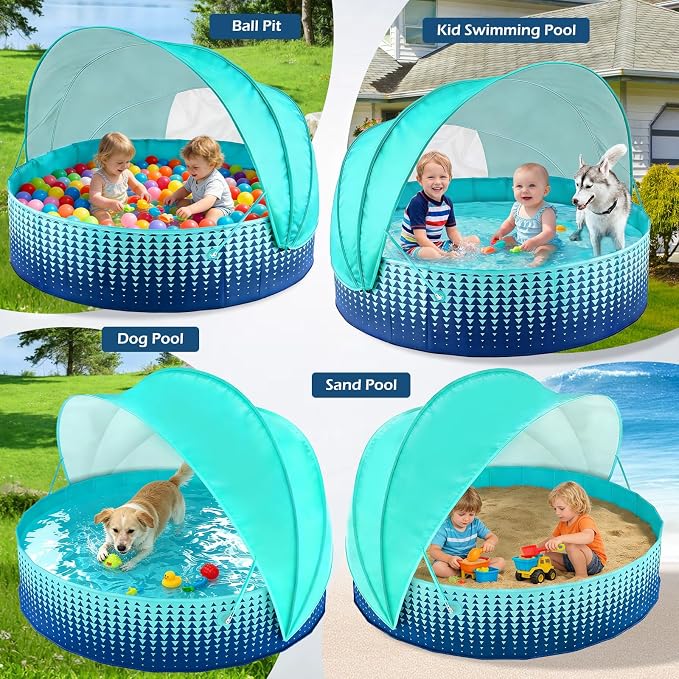 Jasonwell Kiddie Baby Pool with Canopy - Foldable Infant Toddler Kids Pool with Shade Baby Beach Essentials Tent Swimming Wading Pools for Toddlers 1-3 + Kids Dogs Ball Pit Backyard Water Play G, 79"