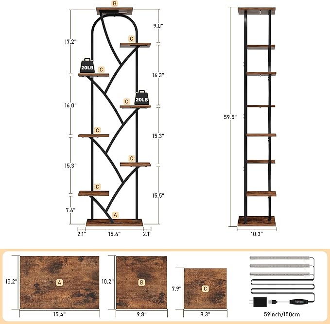 Indoor Plant Stand with Grow Lights, 8 Tiered, 59.5" Tall | Plant Shelf, Flower Holder, Heavy Duty Anti-rust Iron Pipes, Water-resistant & Anti-corrosive Wood, Auto Timer