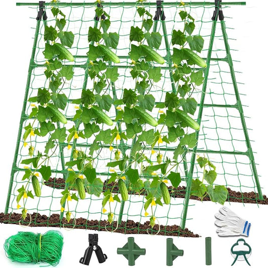 A-Frame Cucumber Trellis for Raised Bed - 63”H x 47”W, Heavy-Duty Detachable Garden Trellis with Netting & Clips, Support for Climbing Outdoor Cucumber, Tomatoes, Luffa, Bitter Melon, Vining Flowers