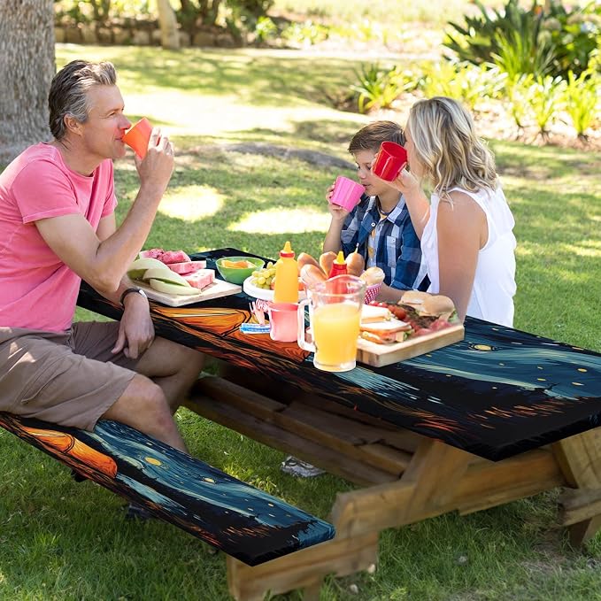 Picnic Table Cover with Bench Covers Elastic Edges, Art Camper Fitted Table Cover, Outdoor Patio Camping Essentials 72 Inch 3PCS, Waterproof Camping Fitted Tablecloth with Drawstring Bag