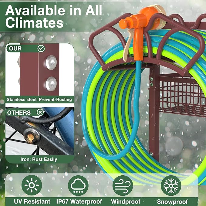 Qatsrin Upgraded Garden Hose Holder with Large Basket, Heavy Duty Water Hose Holder Supports 160-ft Hoses, Freestanding Detachable Hose Stand Storage Reel Hanger Rack for Yard Lawn Farm, Bronze