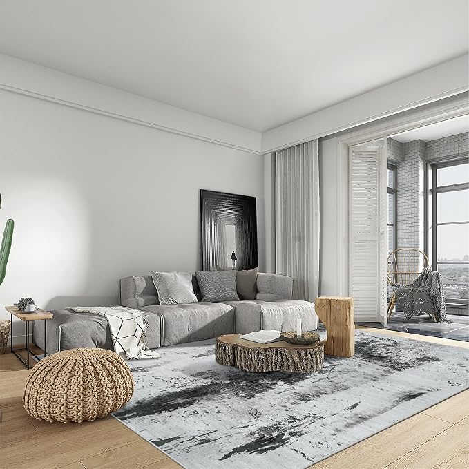 5x7 Area Rugs for Living Room: Washable Abstract Black White Grey Carpet | Non-slip TPE backing makes this washable soft low-pile rug safe & durable, Pet-friendly decor for dining room,nursery,office