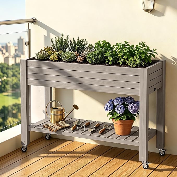 Elevated Resin Raised Garden Bed, 33.7in Height Raised Planter Box with Drainage Holes, Lockable Rotating Wheels & Bottom Storage Shelf, Stake Support, Easy Assembly for Patio Lawn Backyard Balcony