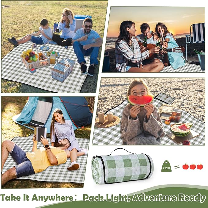 Picnic Blankets Waterproof, Extra Large Picnic Mat 79"X79", Sandproof Washable Camping Beach Blanket, Camping Accessories for Outdoor Activities, Green