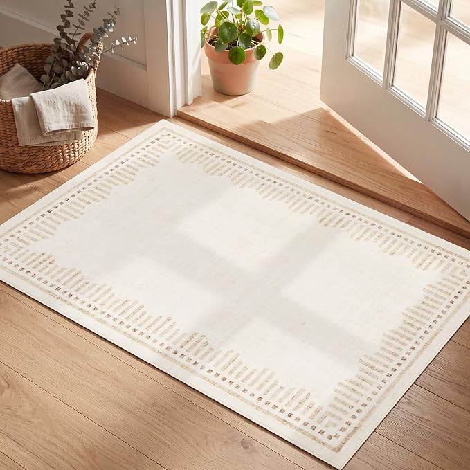 Garvee Small Area Rugs 2x3 Beige Washable Entryway Scalloped Throw Carpet | Non Slip Solid Color Low Pile Living Room Bedroom Rugs Pet Friendly Modern Geometric Kitchen Front Door Nursery Doot Mat