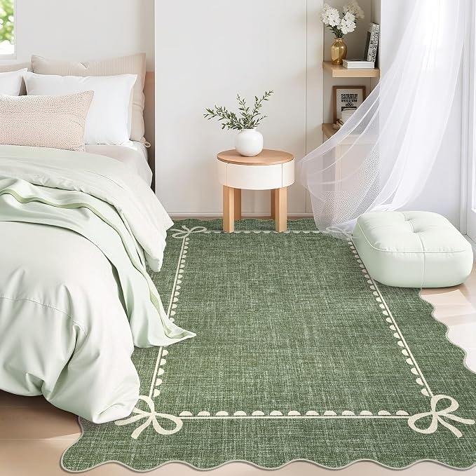 GarveeHome Scalloped Bow Rug 4x6 Washable Green Rug for Bedroom Living Room | Non Slip Soft Low Pile Indoor Carpet for Nursery Girls Bedroom Decor Hallway Kids Room College Dorm Playroom