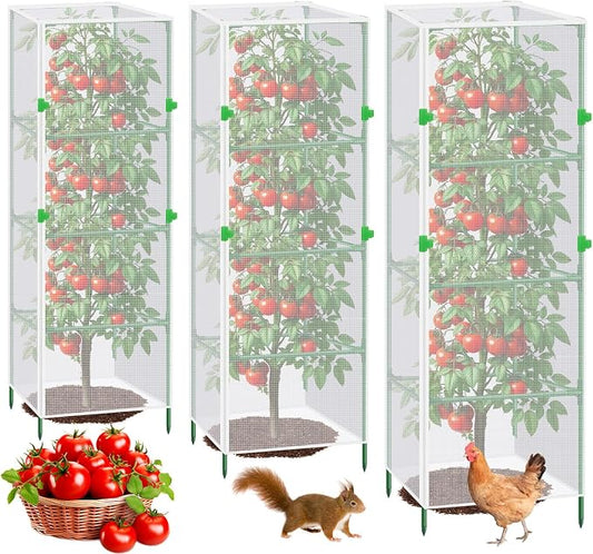 3Pack Garden Bird Netting Plant Cover for Square Tomato Cage,55.1"x15.7" Insect Bird Barrier Tomato Cage Net with Zipper&12pcs Clips,Tomato Trellis Netting Protection Mesh Cover for Protecting Plants