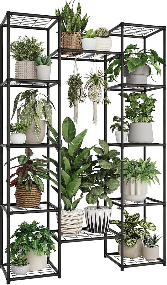 GENTINGBRO Metal Plant Stand Outdoor 62.2" Tall Plant Shelf for Plants 12 Pots Large Plant Sheves for Indoor Plants Living Room Heavy Duty Rack Garden Balcony Patio Hanging Planter