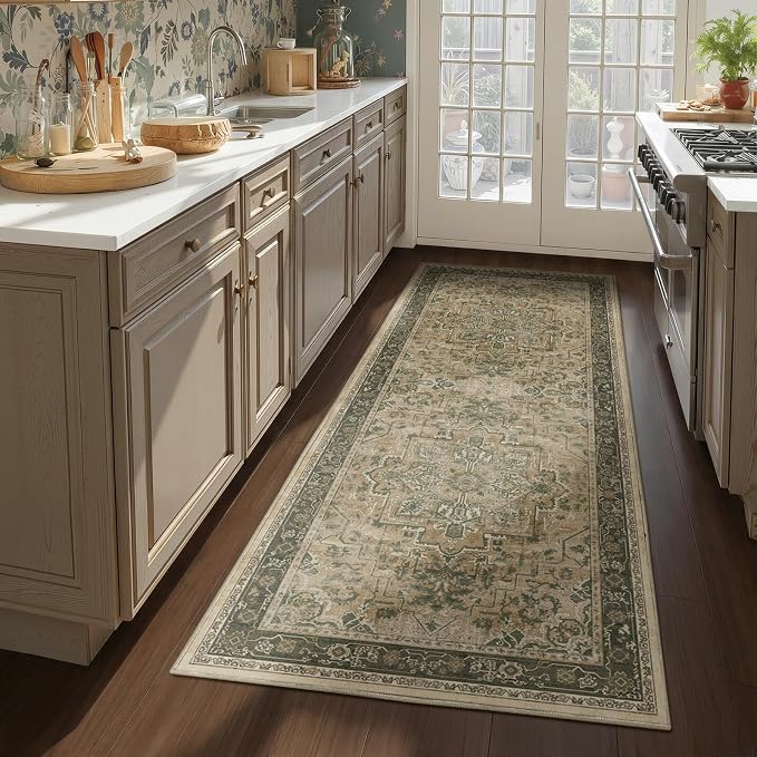 Vintage 3x6 Runner Rug Non Slip, Washable Thin Kitchen Runner, Distressed Medallion Carpet Runners for Hallway 6ft Indoor Entryway/Bedroom/Foyer/Laundry Room/Bathroom, Multi Brown/Olive