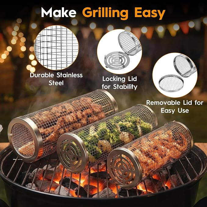 3 Pcs Rolling Grill Baskets for Outdoor Grill Accessories, BBQ Grilling Basket for Vegetables Shrimp Kebob, Outdoor Cooking Camping, Birthday Gifts for Men Dad Husband